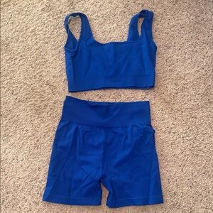 Seamless Ribbed Crop Bralette & High-Waist Shorts Set - Blue